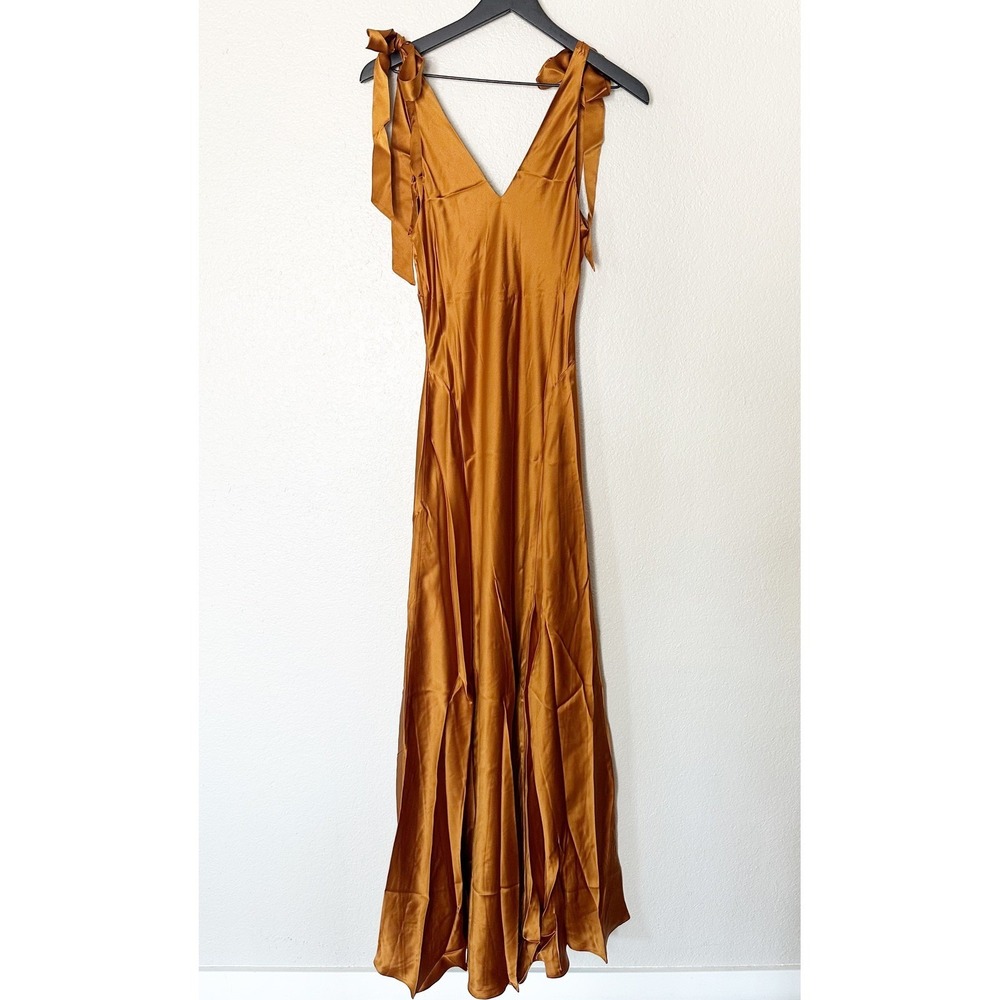 Reformation Pernille‎ Tie-Strap Silk Maxi Dress Bronze Gold V-Neck Gown Medium - Picture 6 of 10
